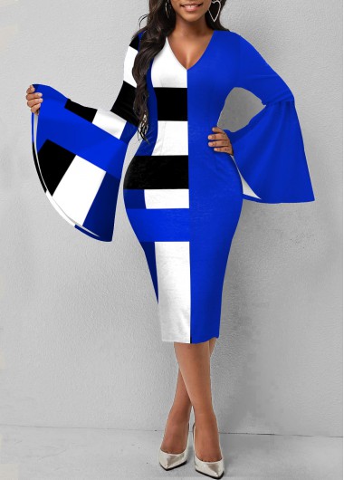 Modlily Geometric Print Blue Flare Sleeve Dress - S