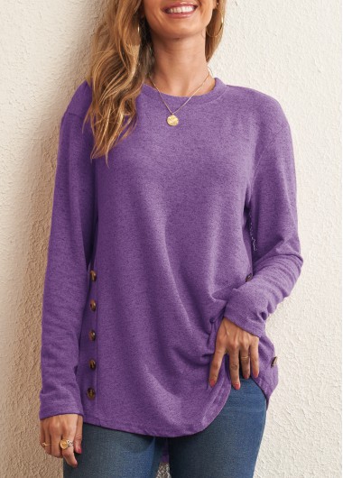Modlily Purple Decorative Button Round Neck Long Sleeve T Shirt - S