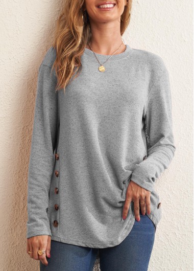 Modlily Decorative Button Round Neck Grey Long Sleeve T Shirt - S