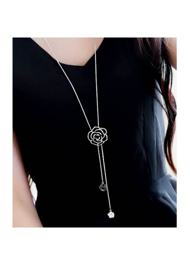 Modlily Rhinestone Detail Floral Design Metal Black Necklace - One Size