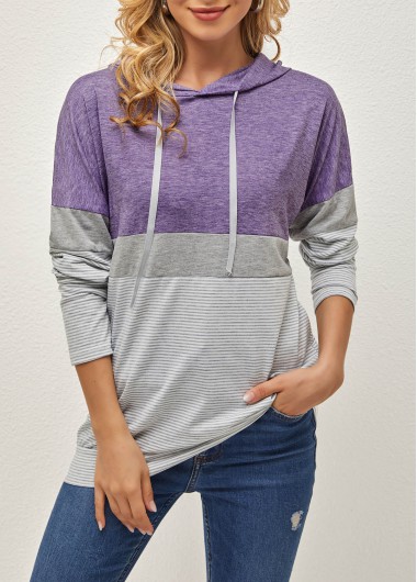 Modlily Striped Purple Drawstring Hooded Collar T Shirt - M
