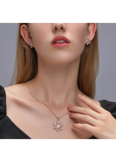 Modlily Christmas Snowflake Design Gold Earrings and Necklace - One Size