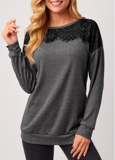 Modlily Dark Grey Lace Stitching Round Neck Long Sleeve T Shirt - M