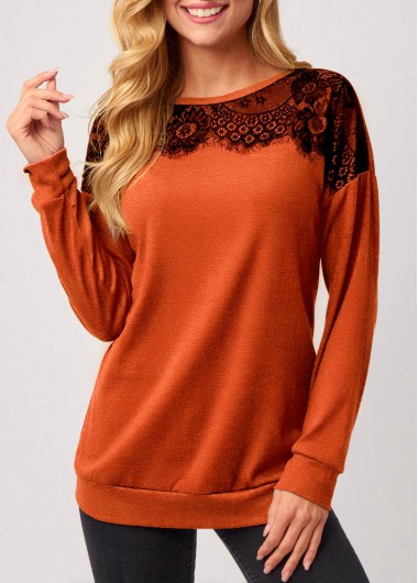 Modlily Rust Orange Lace Stitching Round Neck Long Sleeve T Shirt - S