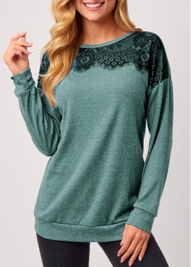 Modlily Lace Stitching Cyan Round Neck Long Sleeve T Shirt - XL