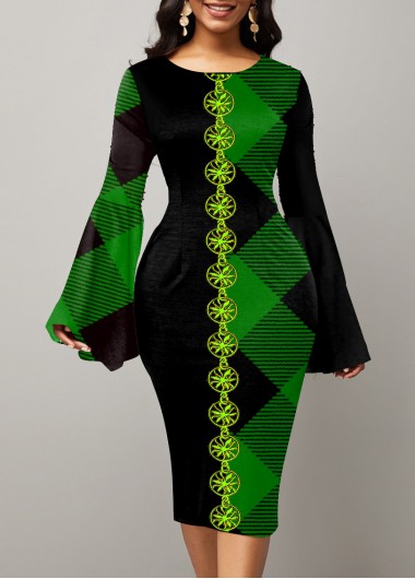 Modlily Color Block Flare Sleeve Christmas Plaid Dress - M