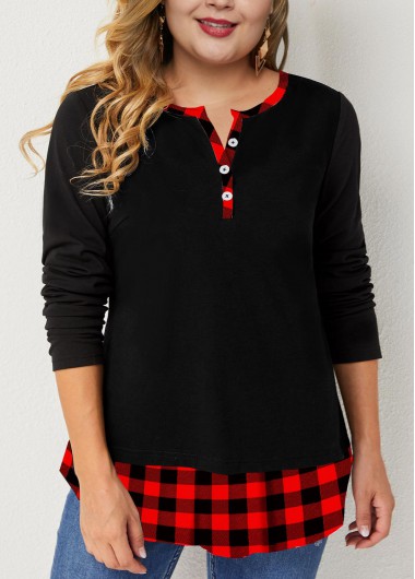 Modlily Christmas Plaid Print Split Neck Plus Size Red T Shirt - 3X