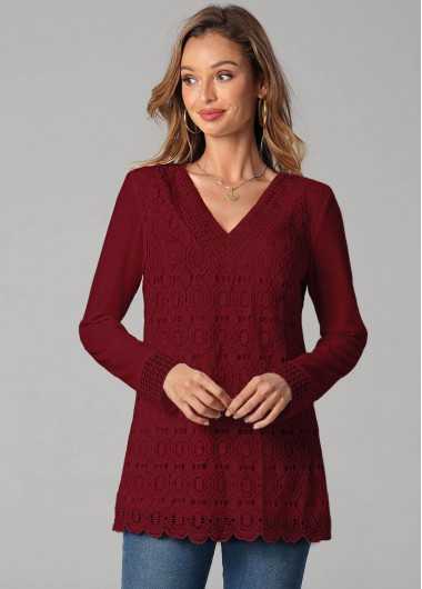 Modlily Lace Panel V Neck Wine Red T Shirt - XL