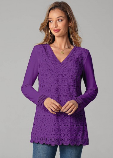 Modlily Lace Stitching Long Sleeve Purple T Shirt - M