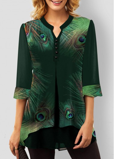 Modlily Split Neck Green Peacock Feathers Print Blouse - L