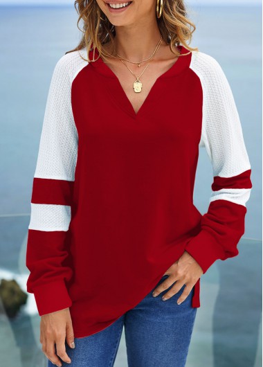 Modlily Wine Red Split Neck Contrast Long Sleeve Sweatshirt - S