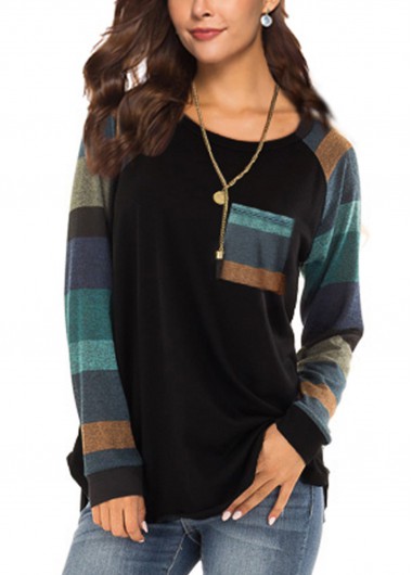 Modlily Striped Pocket Long Sleeve Black T Shirt - 3XL