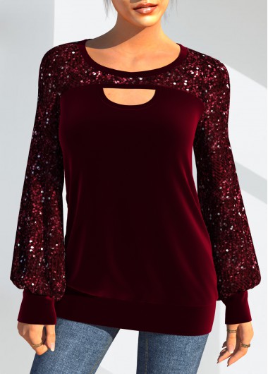 Modlily Sequin Cutout Detail Wine Red Lantern Sleeve Sweatshirt - S