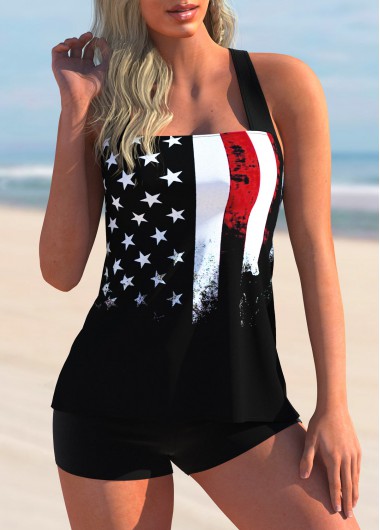 Modlily American Flag Print Cross Strap Black Tankini Top - XL