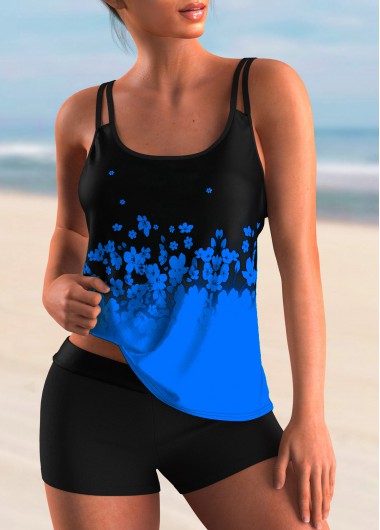 Modlily Blue Floral Tankini Swimsuit With Shorts Ombre Floral Print Spaghetti Strap Tankini Set - L
