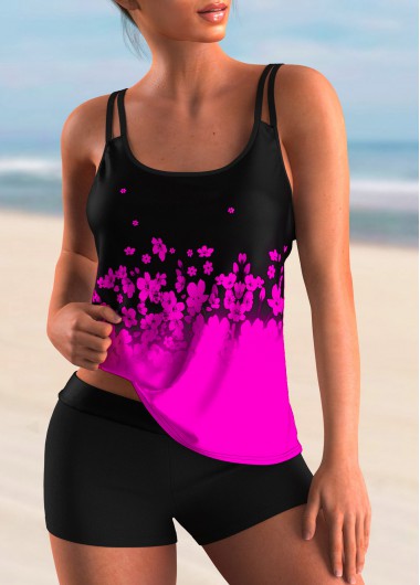 Modlily Rose Pink Floral Print Ombre Tankini Top - M