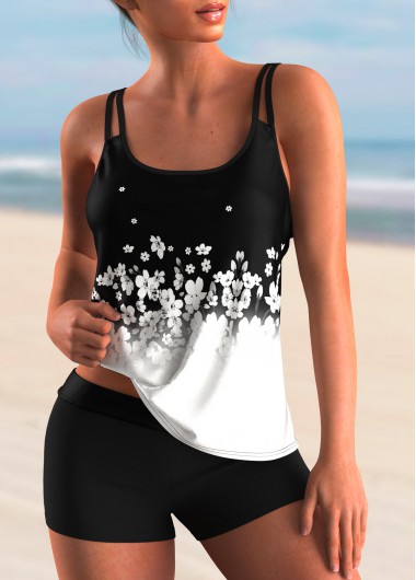 Modlily White Floral Tankini Swimsuit With Shorts Ombre Floral Print Spaghetti Strap Tankini Set - L