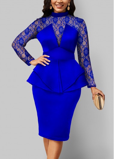 Modlily Royal Blue Lace Stitching Peplum Waist Dress - S