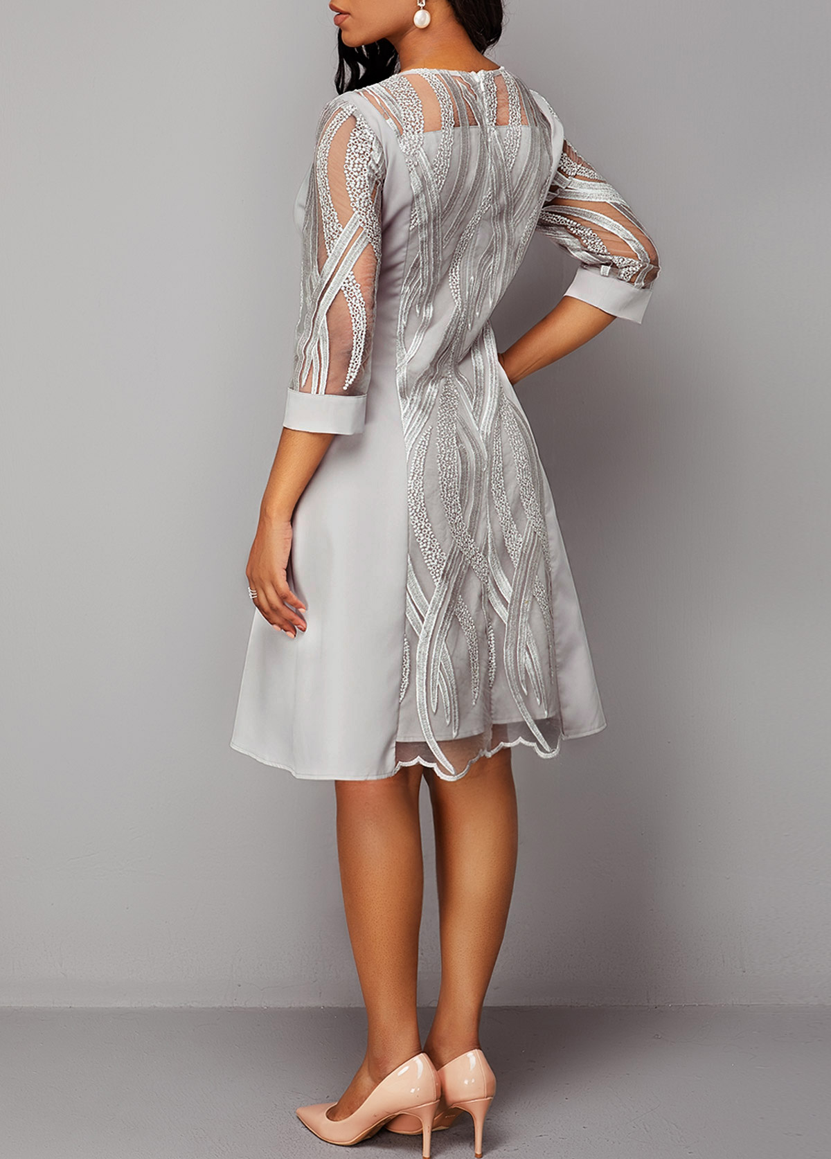 3/4 Sleeve Light Grey Lace Panel Dress