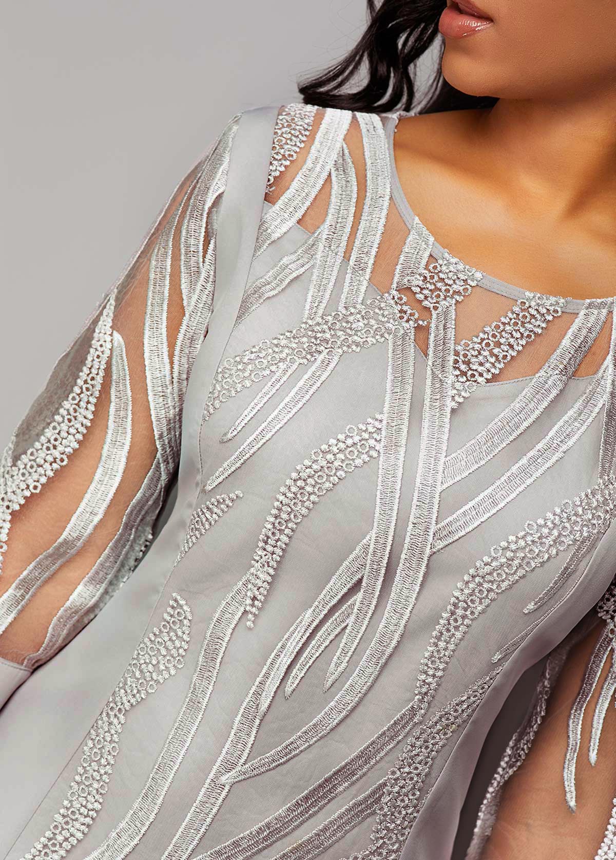 3/4 Sleeve Light Grey Lace Panel Dress