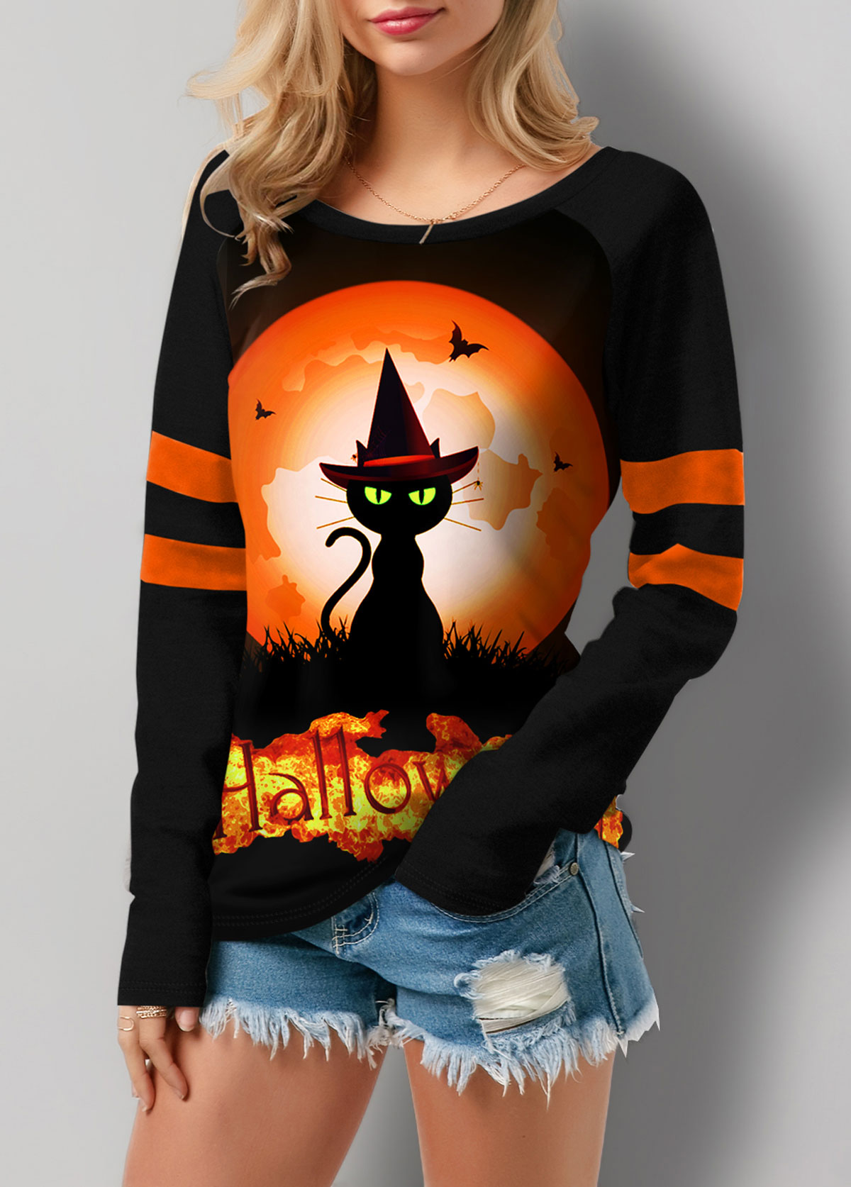 Halloween Cat Print Round Neck Long Sleeve T Shirt