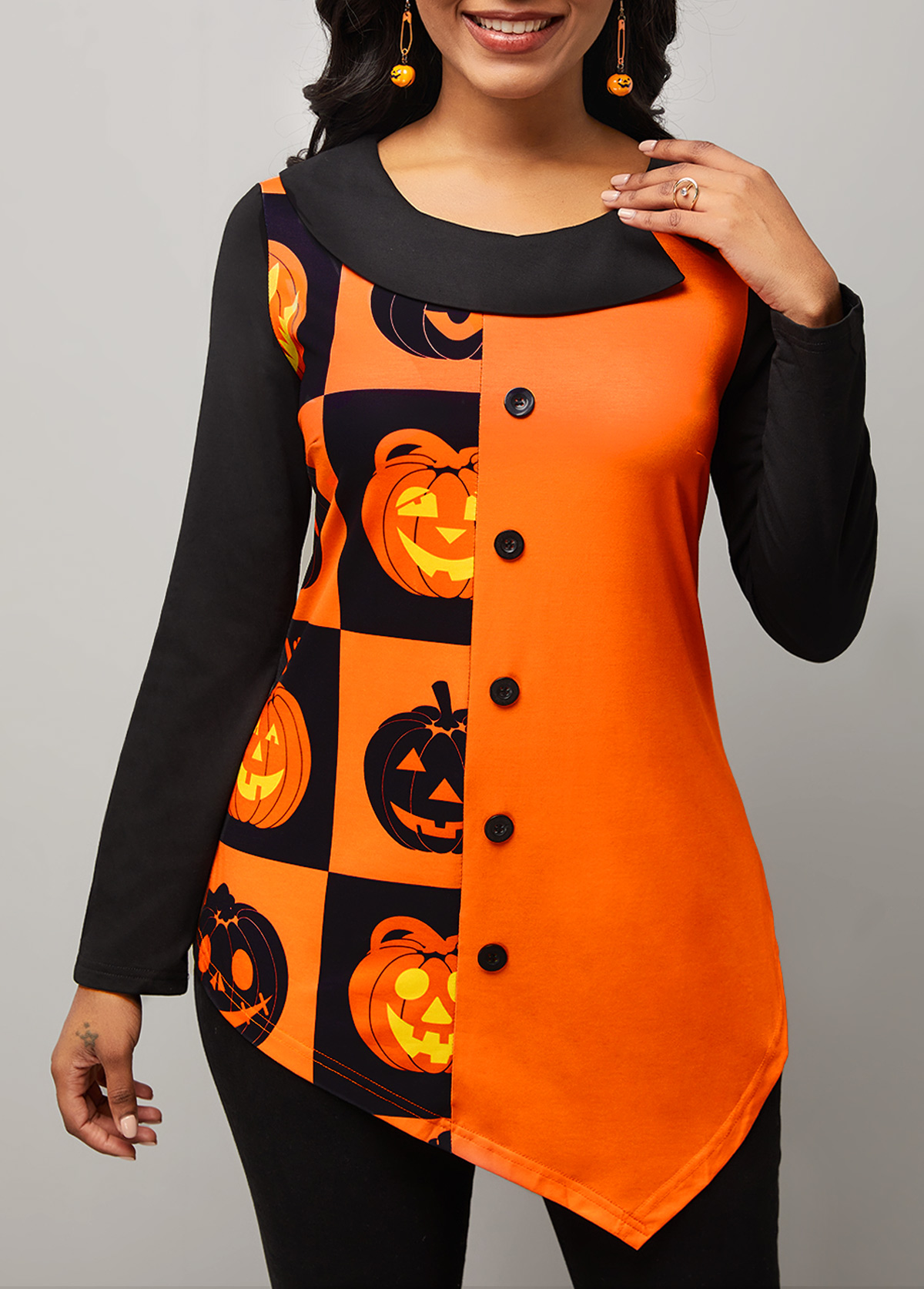 Orange Asymmetric Hem Pumpkin Print Long Sleeve Sweatshirt