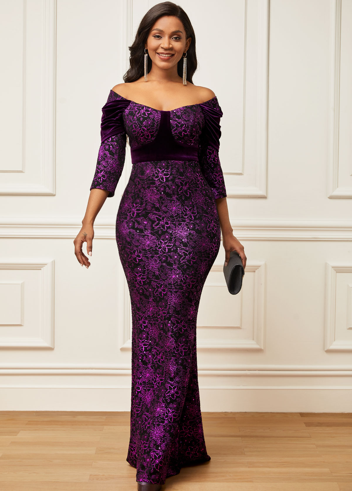 Lace Panel Velvet Stitching Off Shoulder Purple Dress