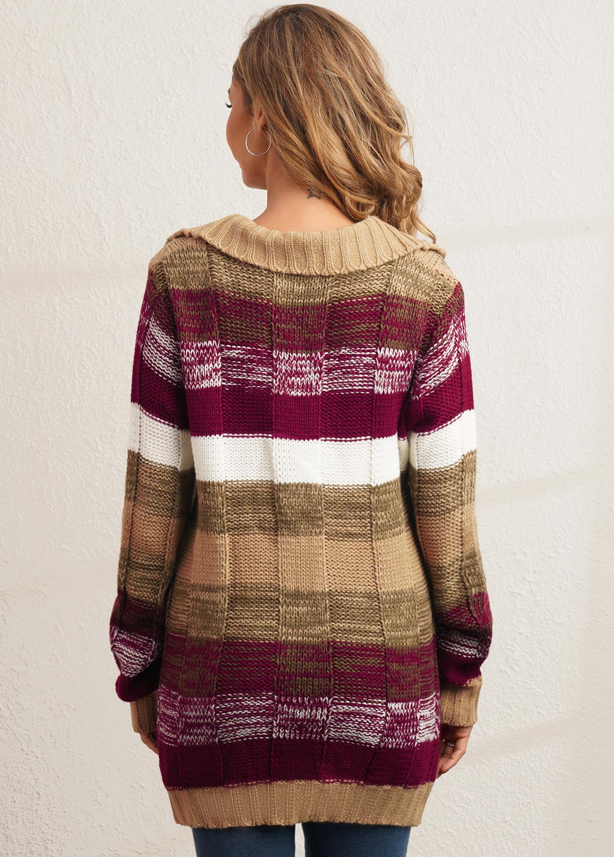 Striped Turndown Collar Long Sleeve Sweater