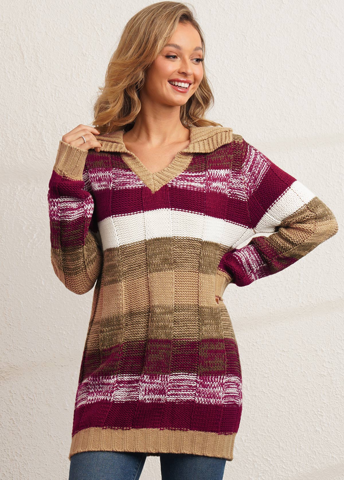 Striped Turndown Collar Long Sleeve Sweater
