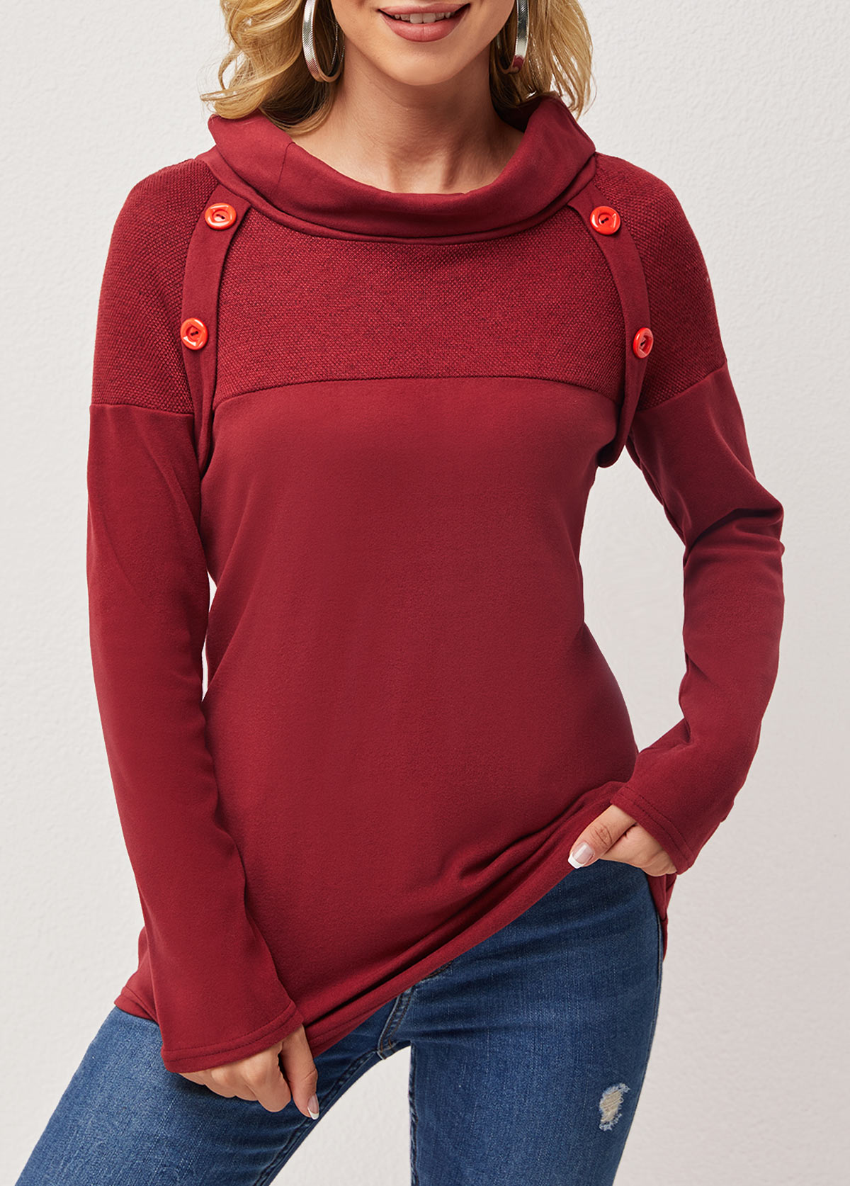 Wine Red Decorative Button Cowl Neck T Shirt