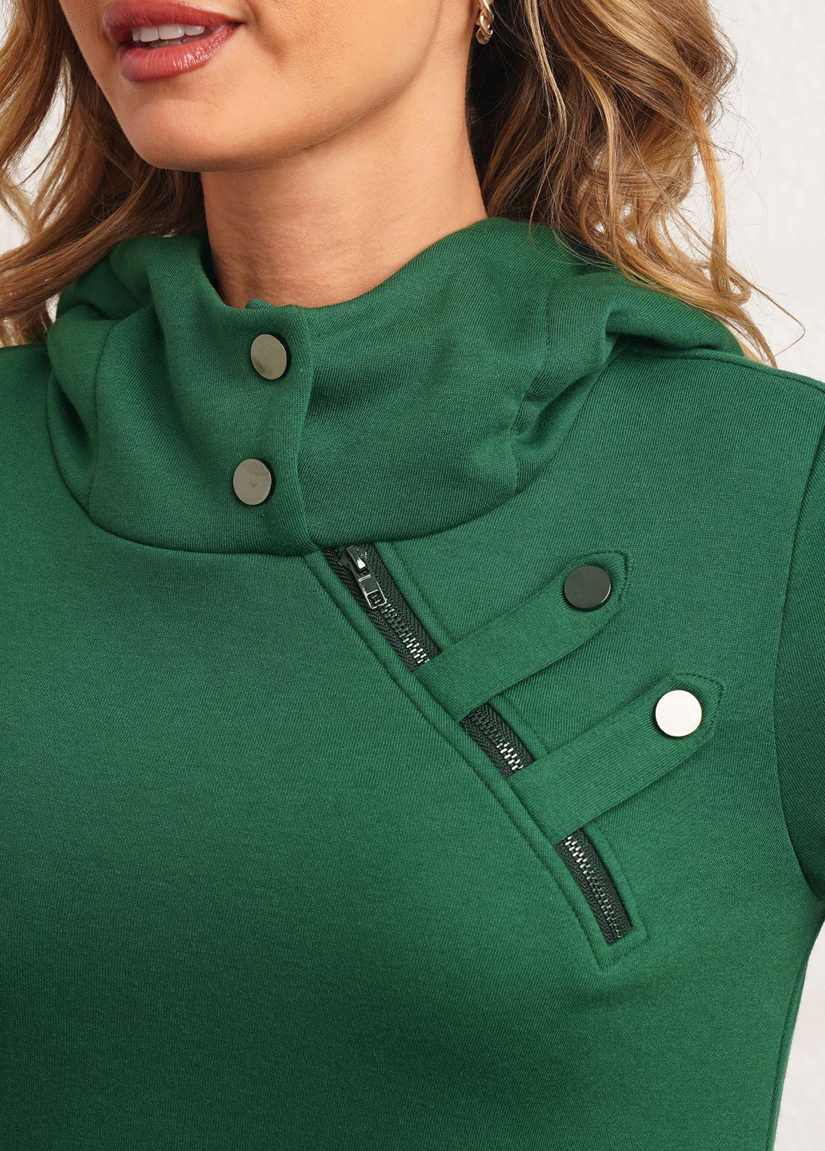 Zipper Detail Dark Green Long Sleeve Hoodie