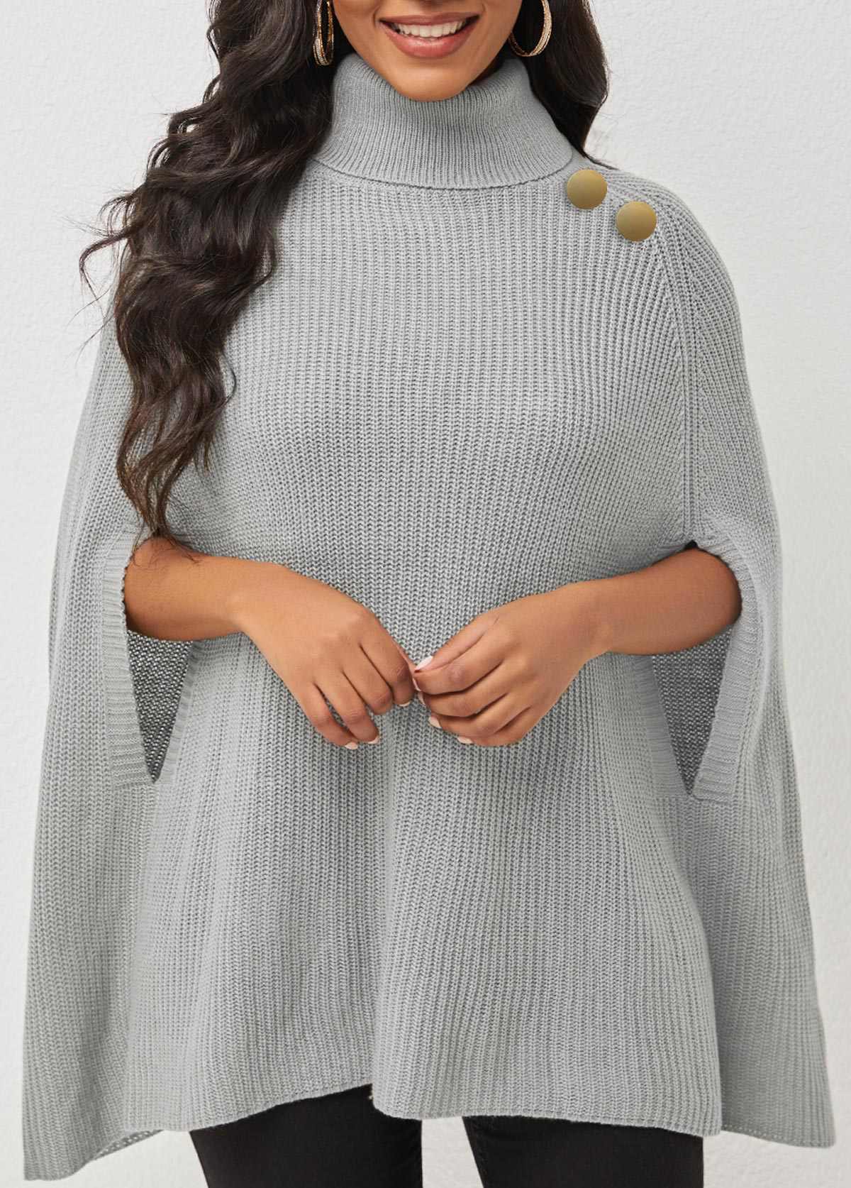 Turtleneck 3/4 Sleeve Solid Sweater Cape