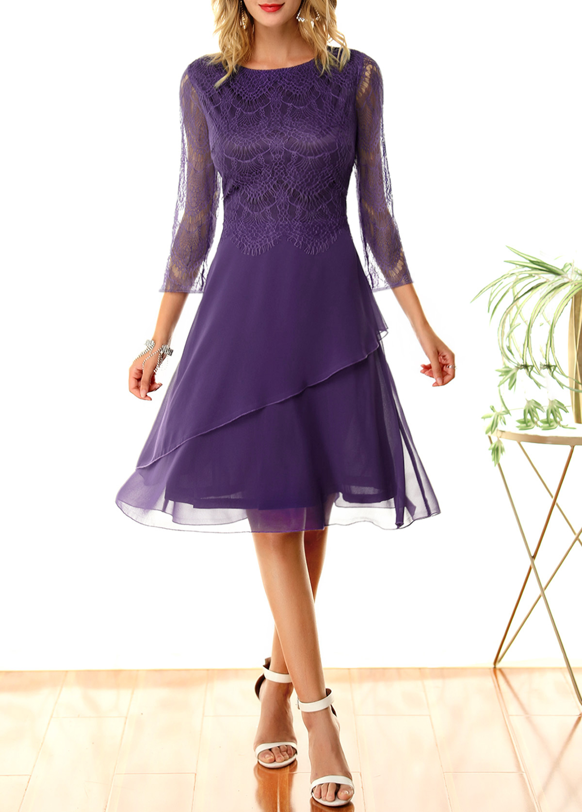 Lace Patchwork Solid Round Neck Dress