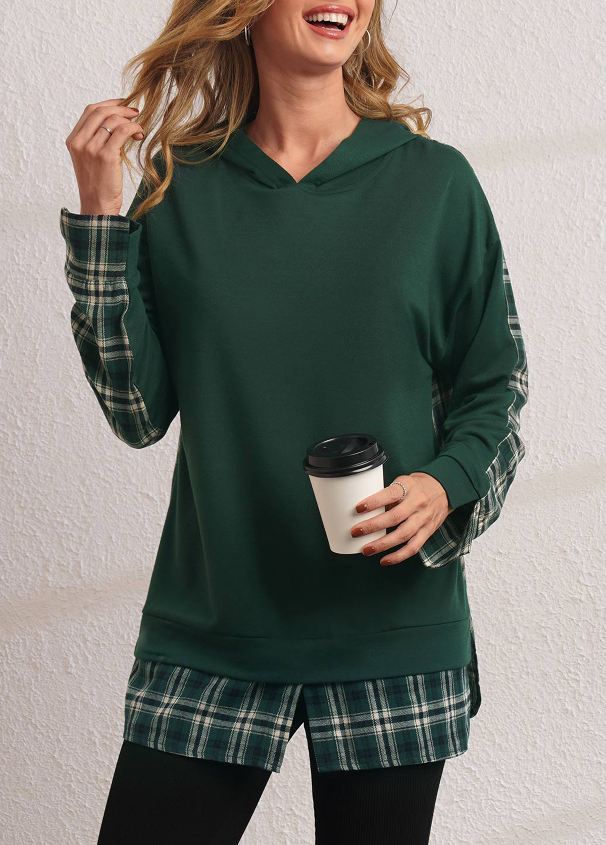Plaid Long Sleeve Green Faux Two Piece Hoodie