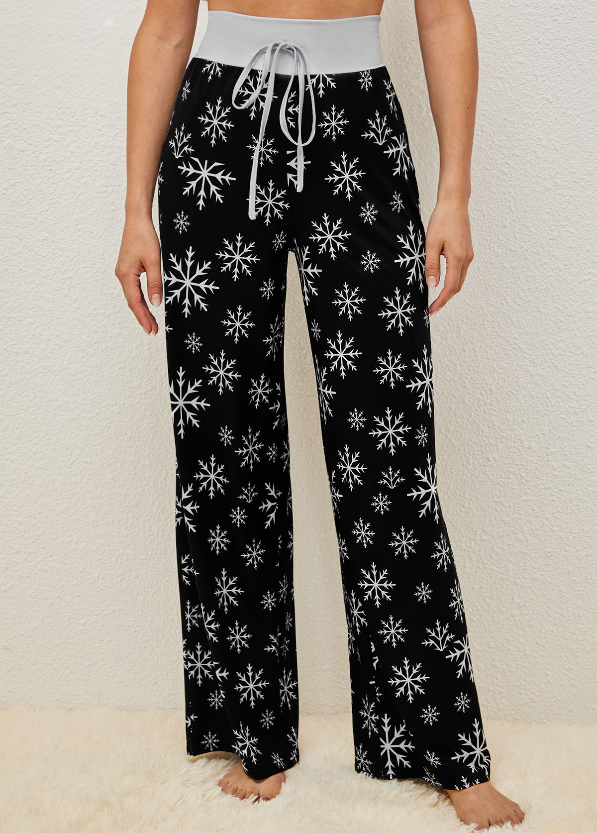 Christmas Snowflake Print Black Drawstring Pajama Pants