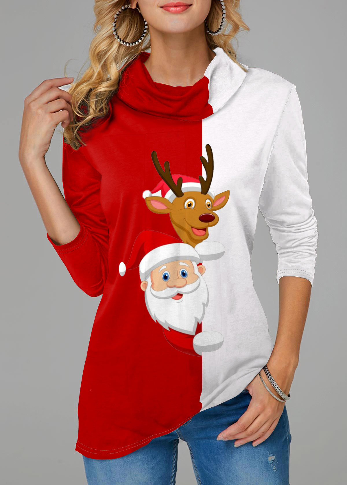 Christmas Santa Claus Print Color Block Cowl Neck Sweatshirt