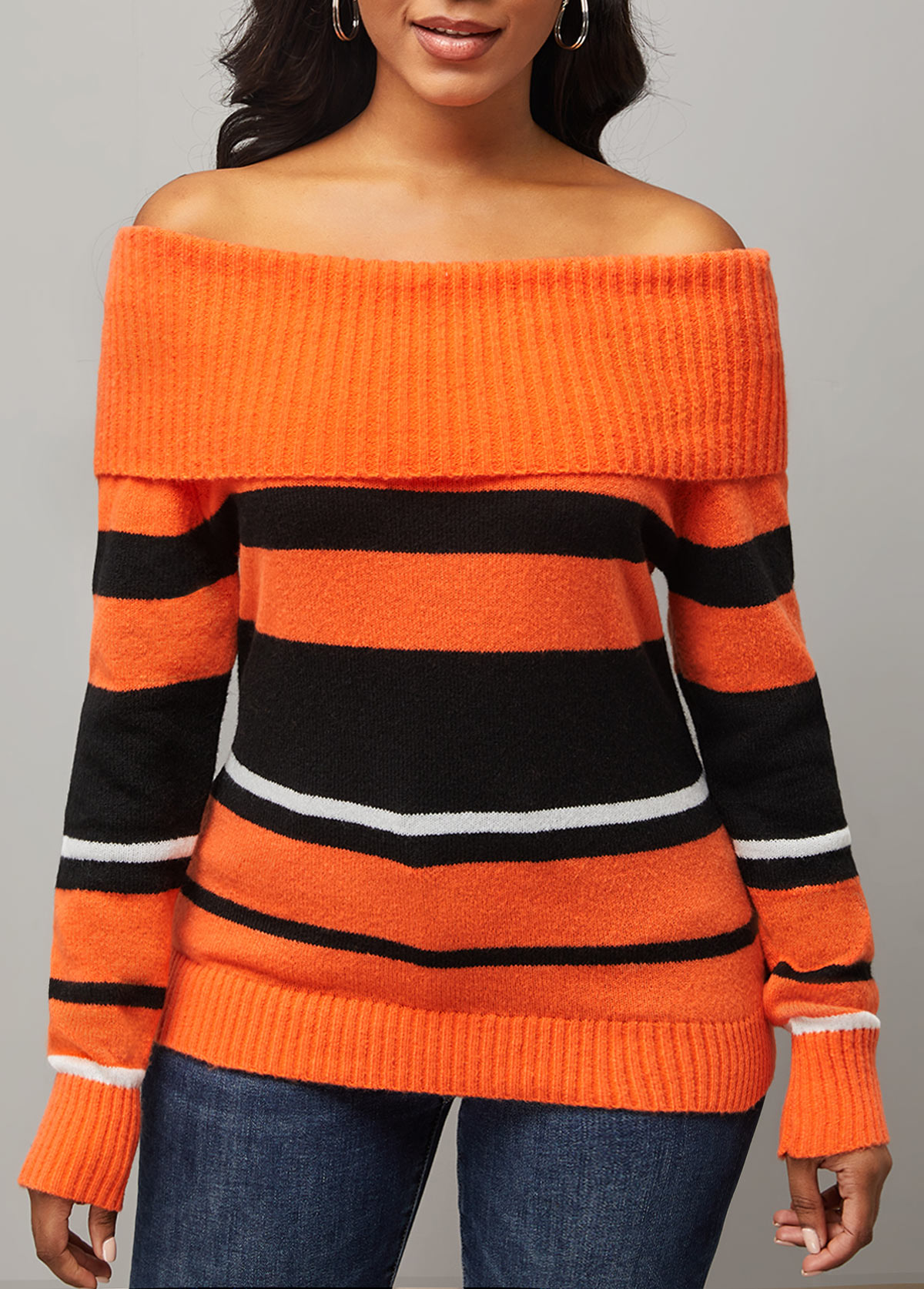 Striped Orange Off Shoulder Long Sleeve Sweater