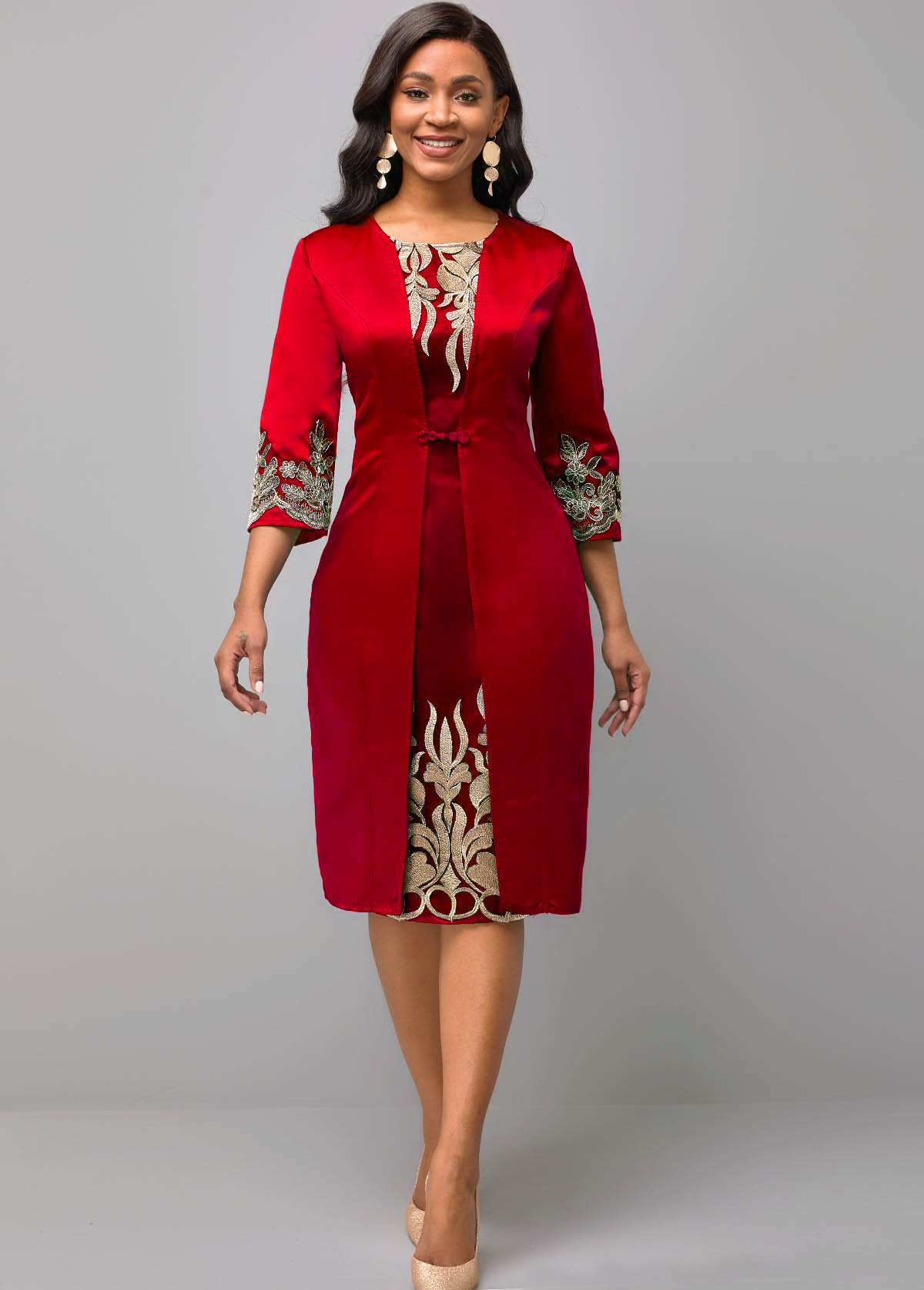 Red Round Neck 3/4 Sleeve Embroidered Dress