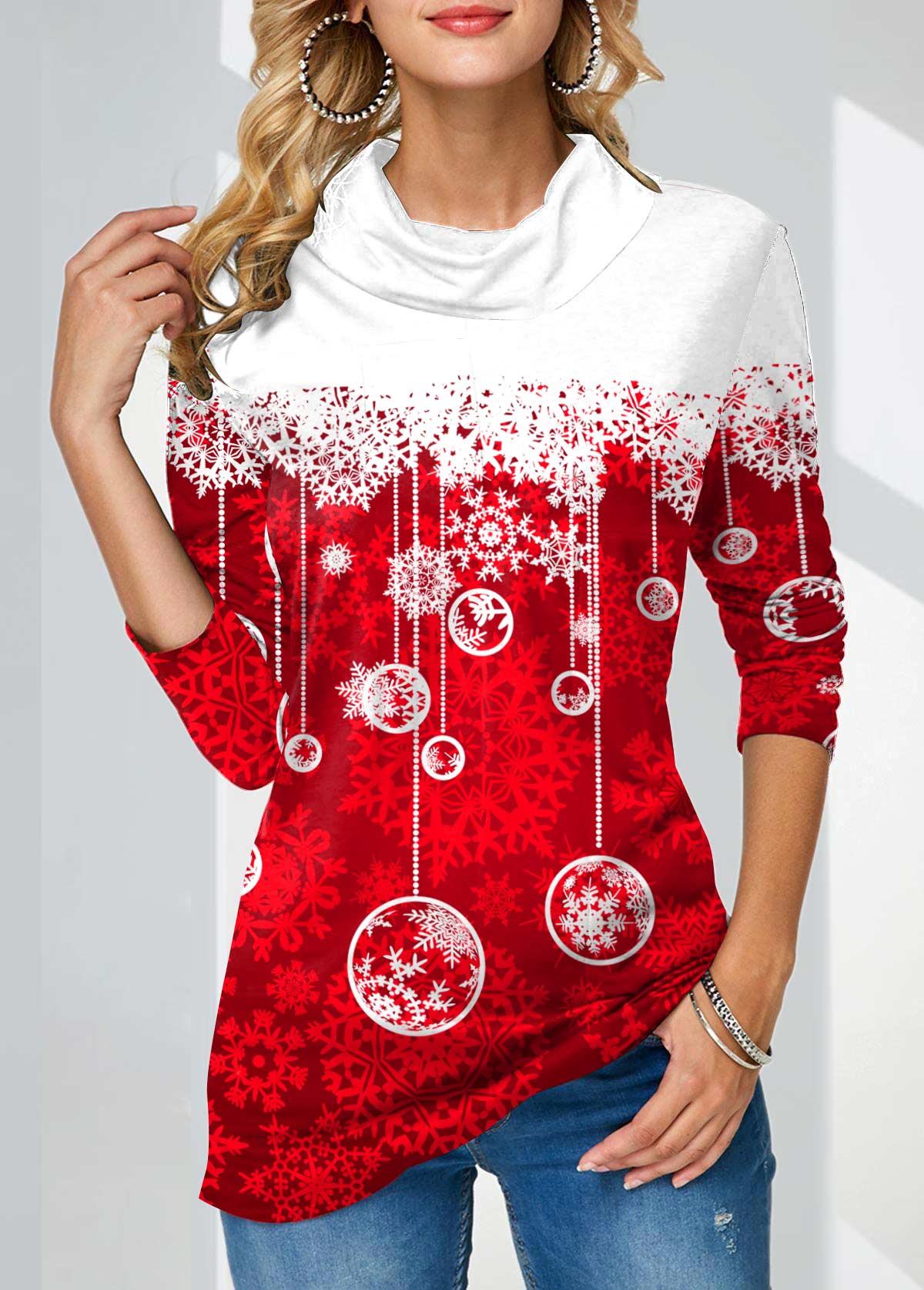 Christmas Snowflake Print Long Sleeve Red Sweatshirt