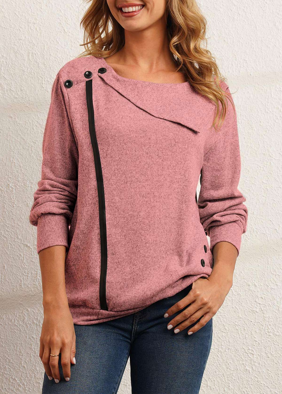 Decorative Button Pink Long Sleeve Sweatshirt