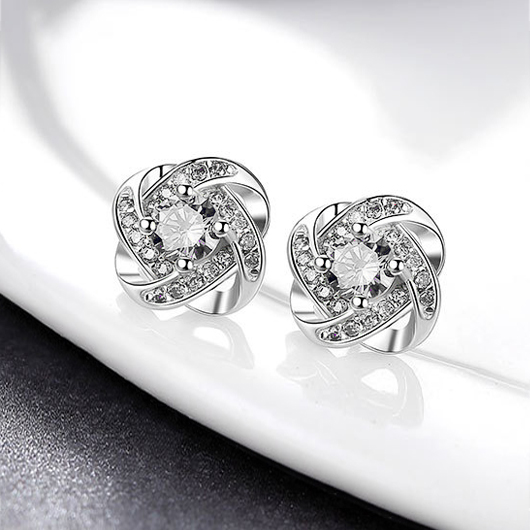 Rhinestone Detail Floral Design Silver Earrings