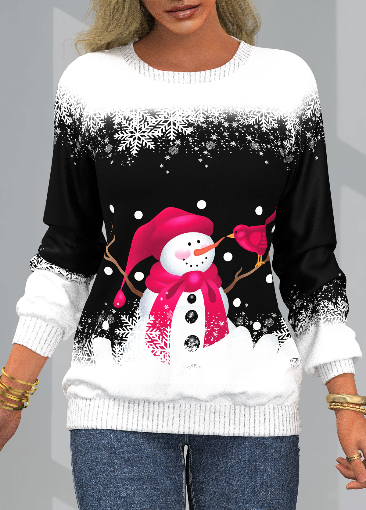 Christmas Snowman Print Ombre Black Sweatshirt - R$143,30