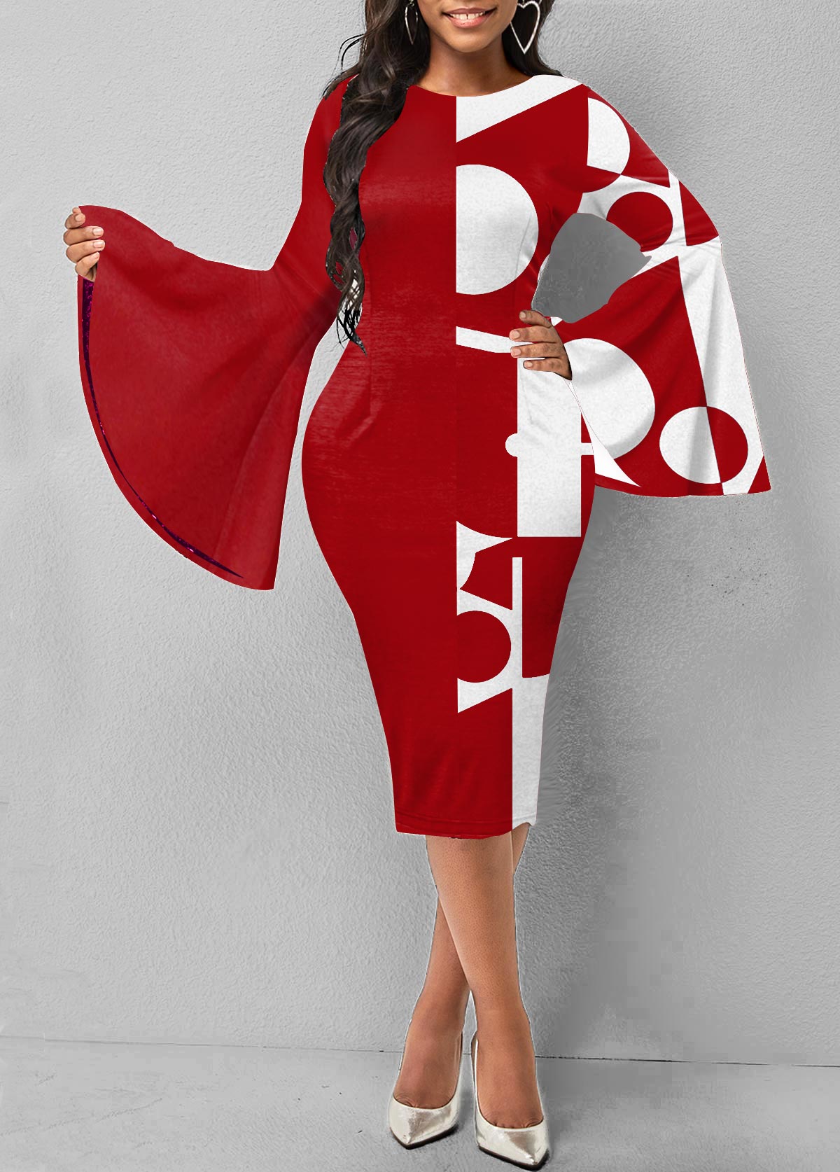 Red Geometric Print Flare Sleeve Round Neck Dress