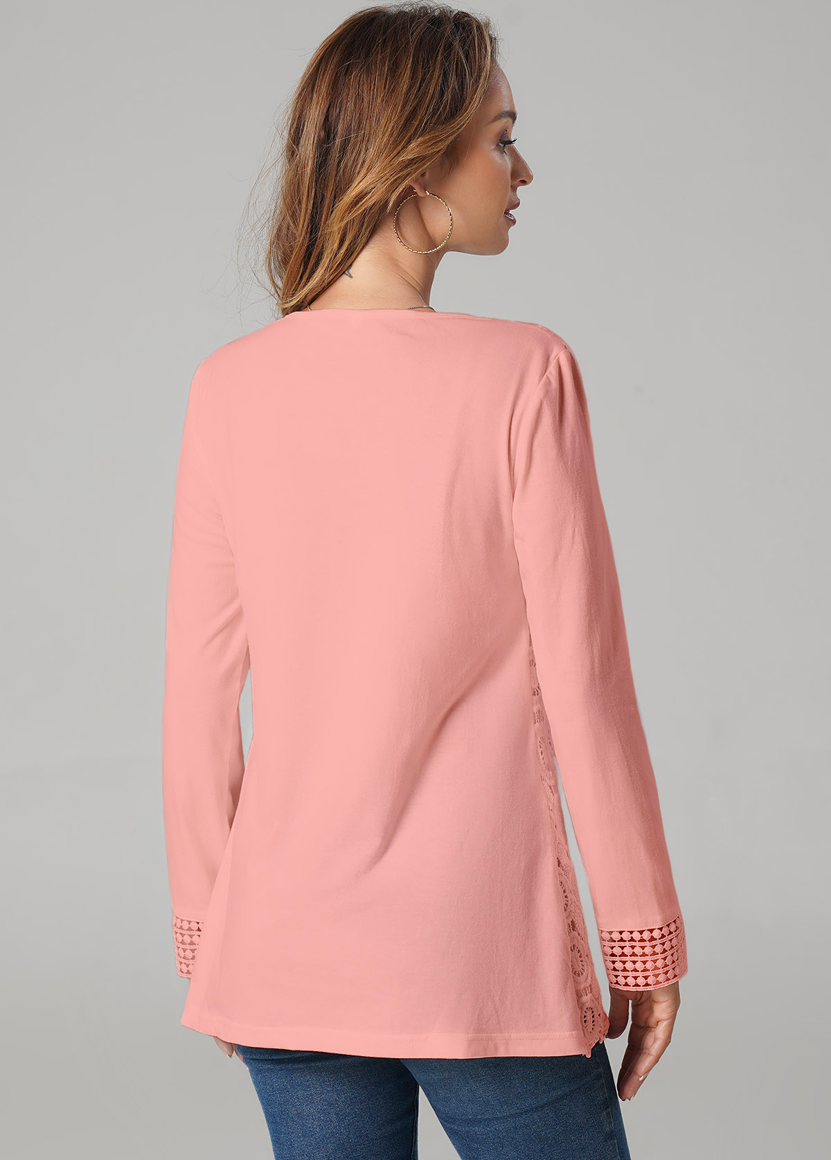 Lace Patchwork Pink V Neck T Shirt