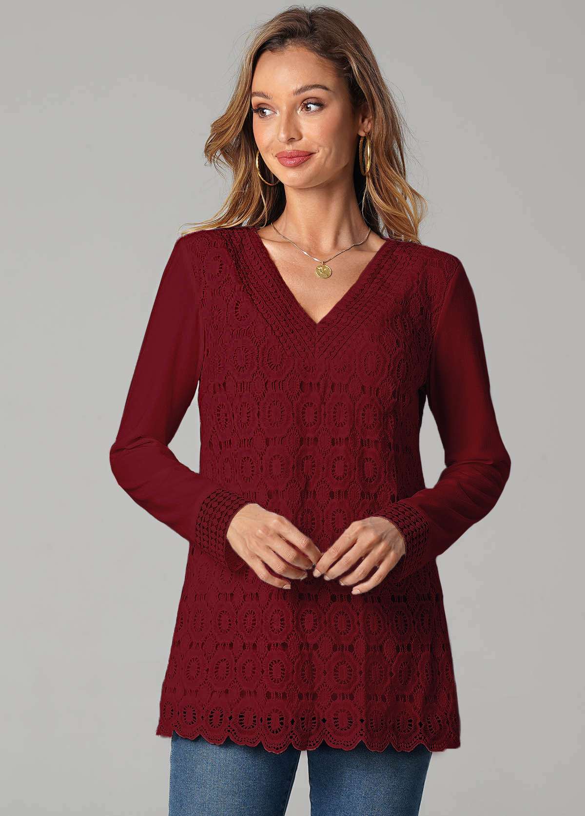 Lace Panel V Neck Wine Red T Shirt