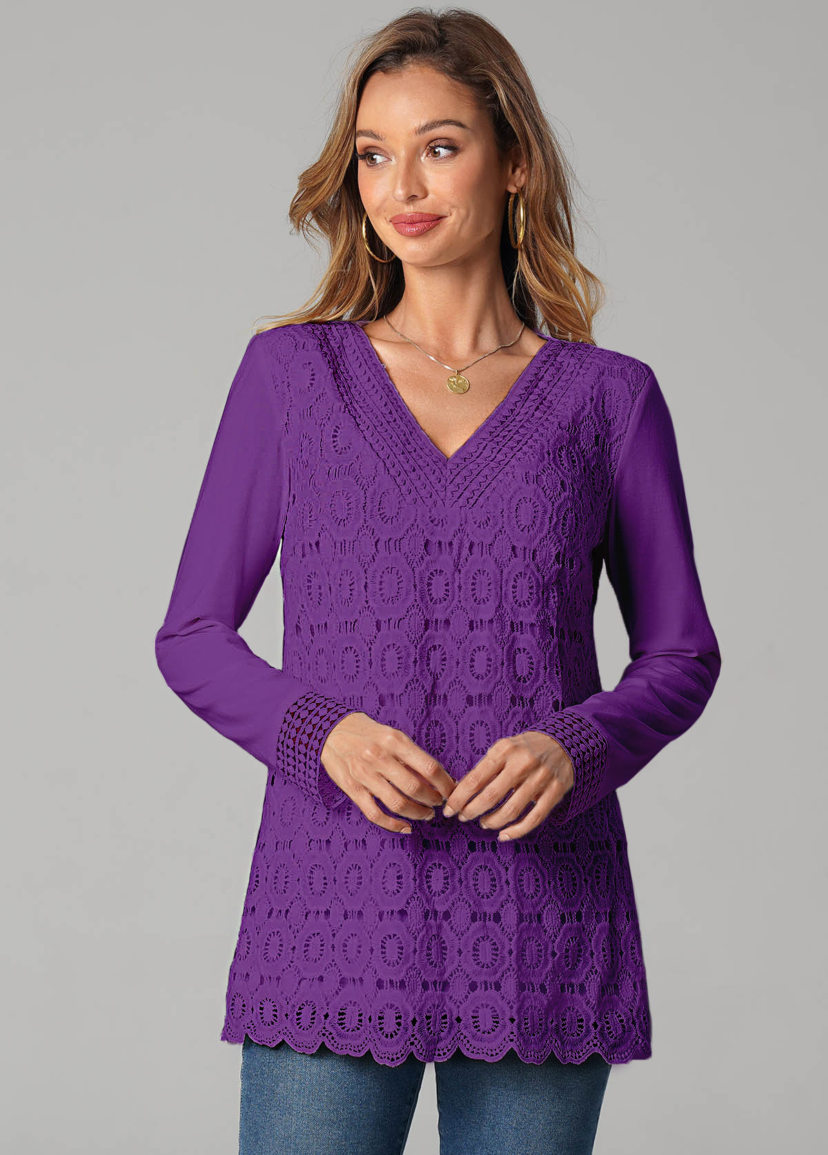 Lace Stitching Long Sleeve Purple T Shirt