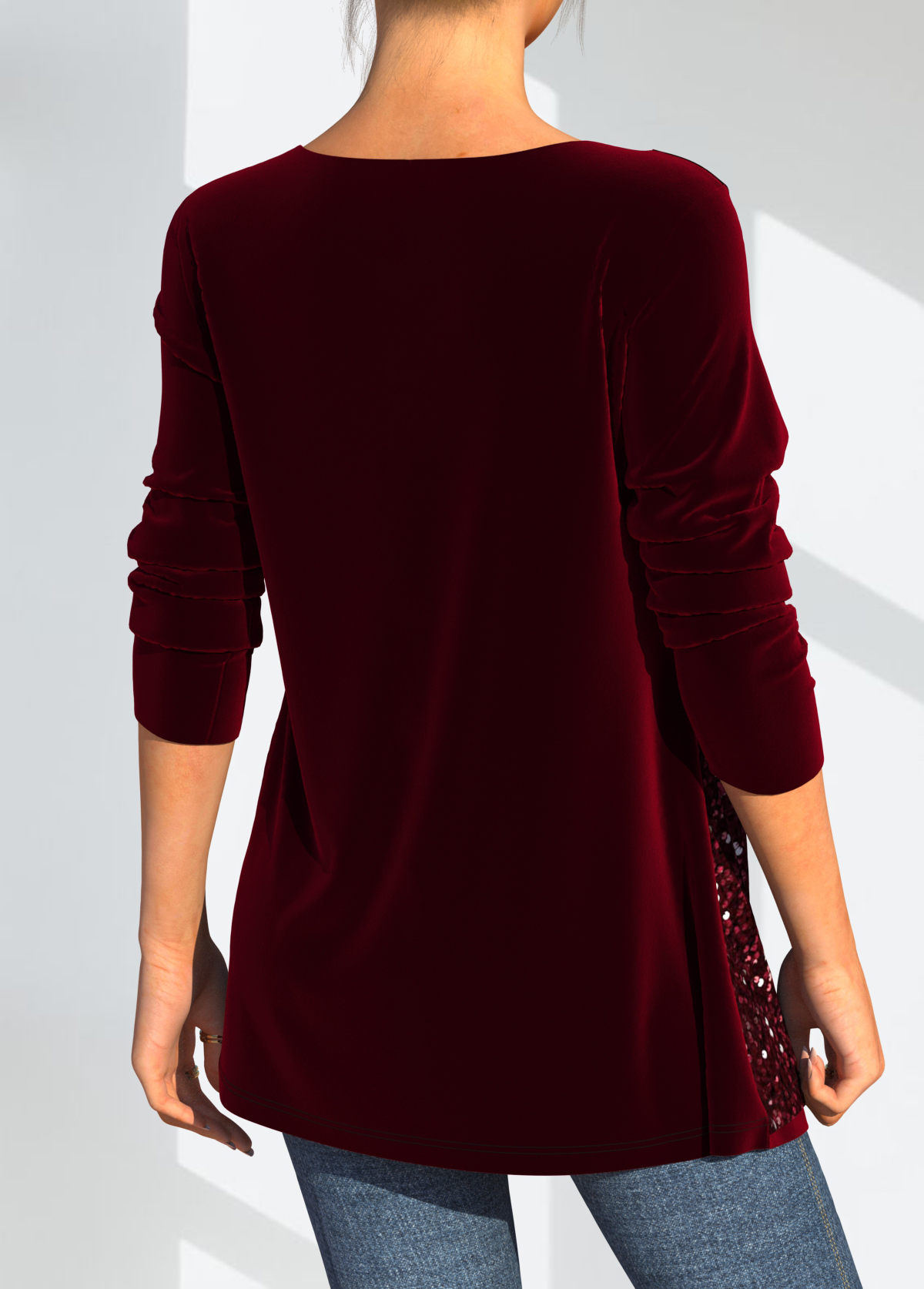 Sequin Velvet Stitching Wine Red Christmas Design T Shirt