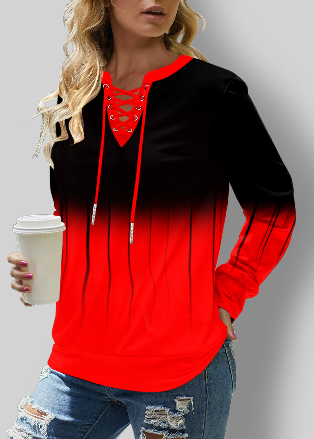Lace Up Long Sleeve Red Ombre Sweatshirt