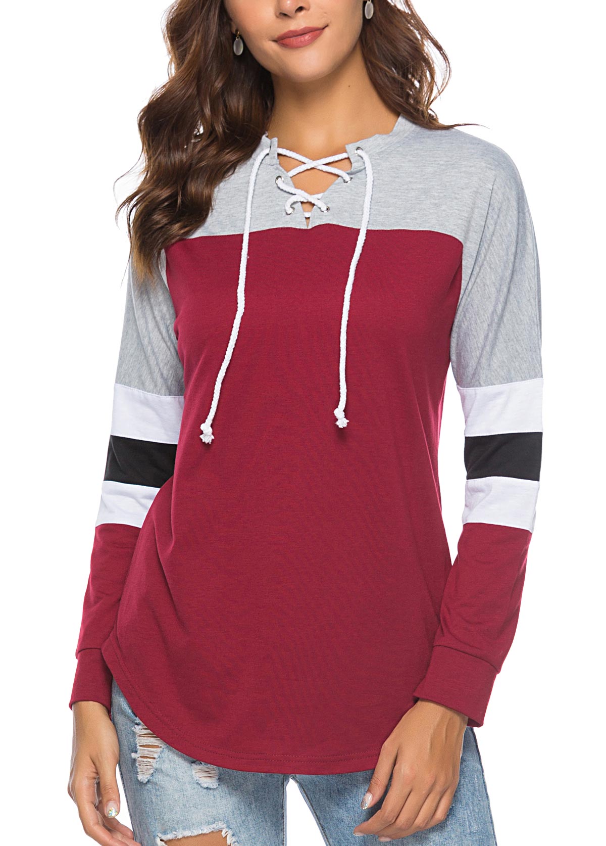Lace Up Wine Red Contrast Long Sleeve T Shirt
