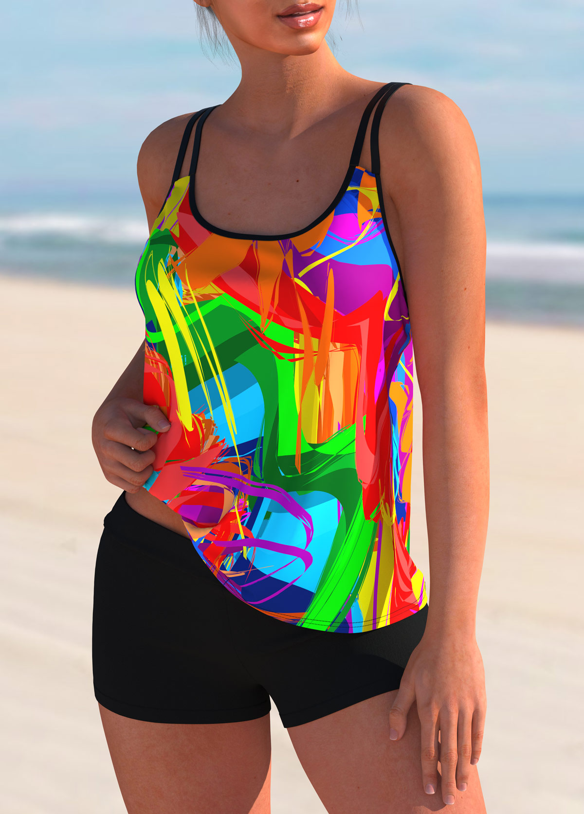 Rainbow Color Stroke Print Wide Strap Tankini Set | picture 